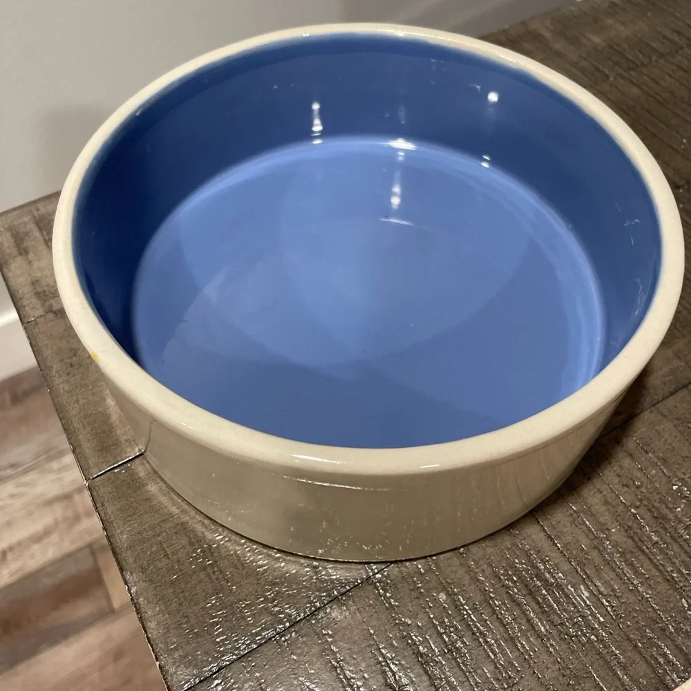 Ceramic Pet Dog Cat Dish Set - Rae Dunn ‘CHOW DOWN’ + blue / tan